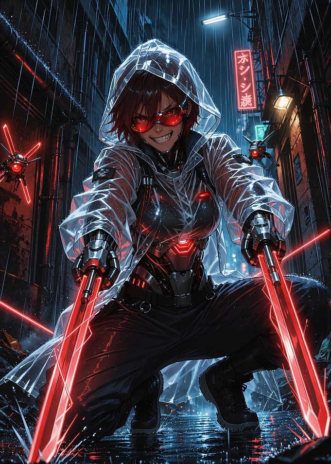Cybernetics Warrior in Rainy Alley