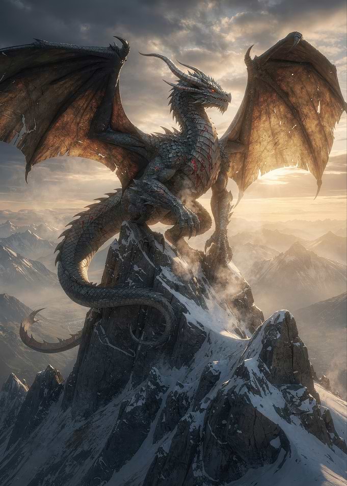 Majestic Dragon Perched on Snowy Peak