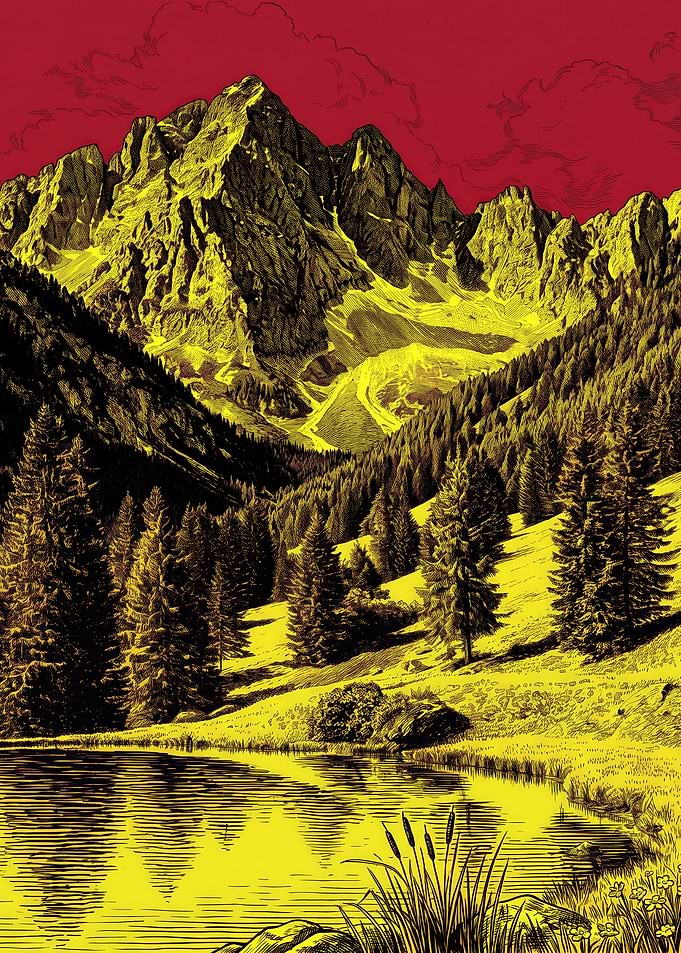 Stylized Mountain Landscape with Red Sky