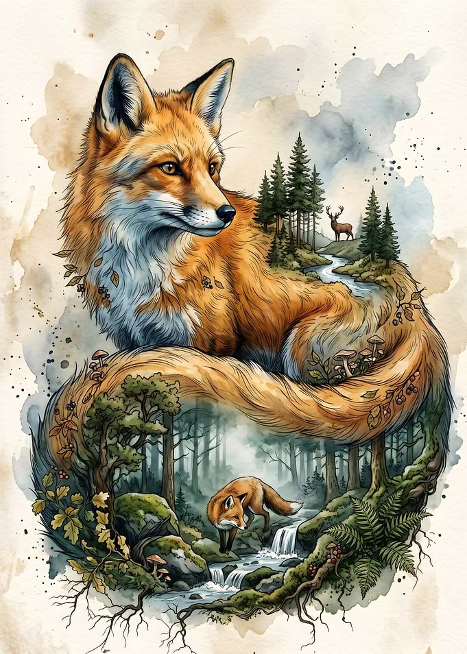 Double Exposure Watercolor Fox Forest Scene
