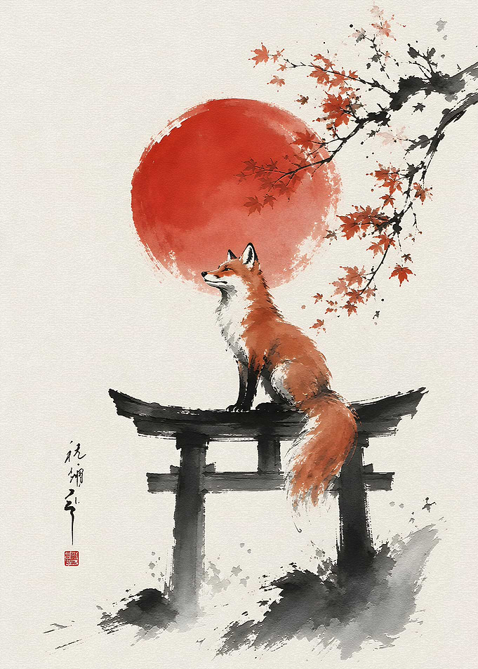 Fox Sitting on Torii Gate