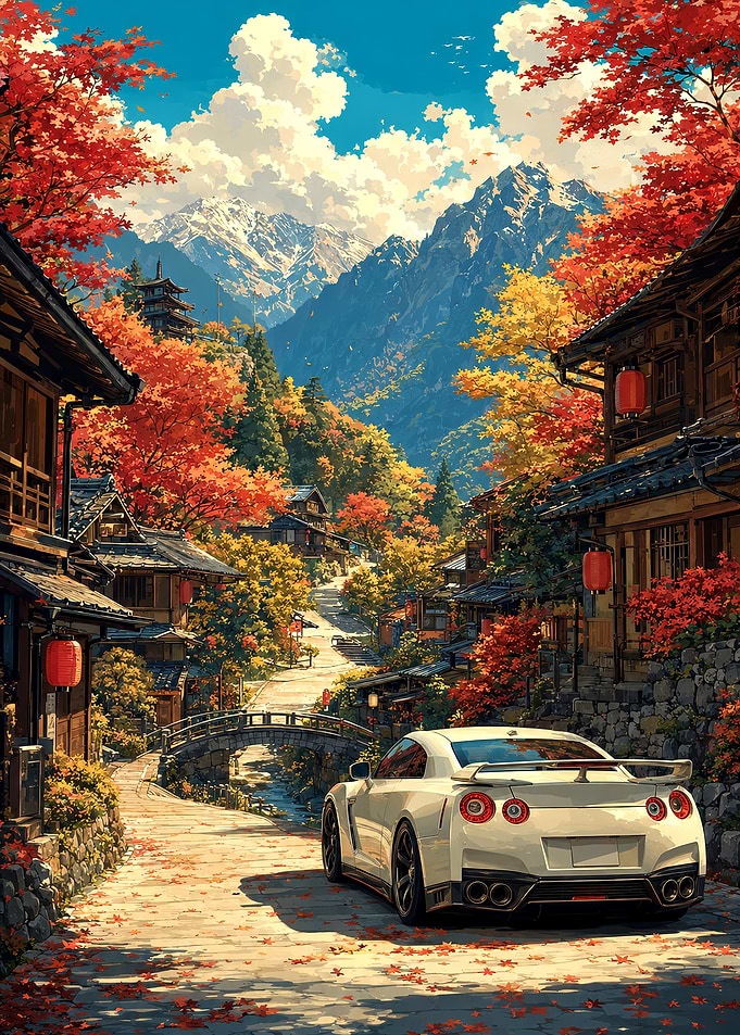 Nissan GT-R in Japanese Autumn Village