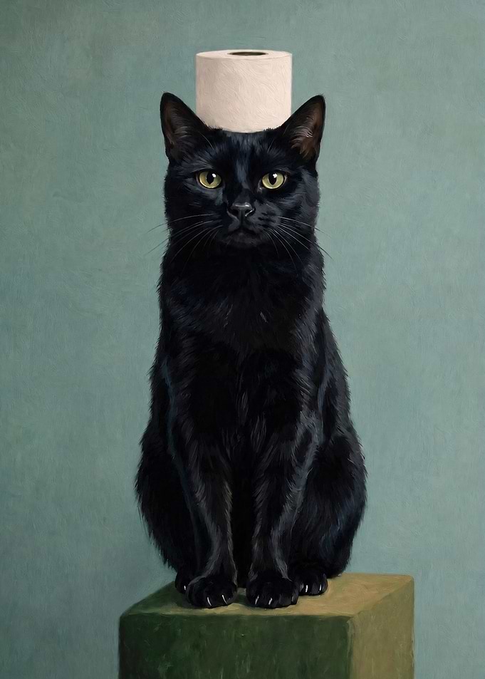 Black Cat with Toilet Paper Roll