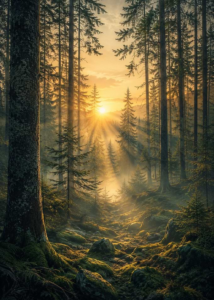 Golden Sunset in Misty Pine Forest