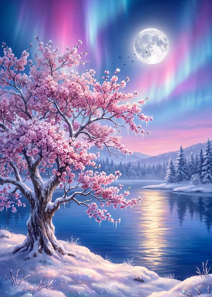 Cherry Blossom Tree Under Northern Lights