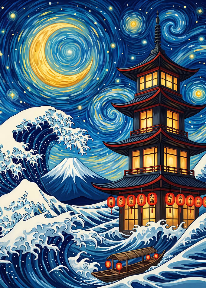 Starry Night Japanese Pagoda Art