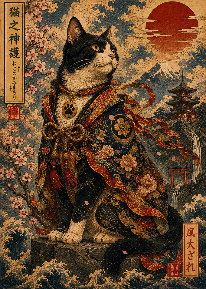 Ukiyo-e Style Cat Guardian Illustration
