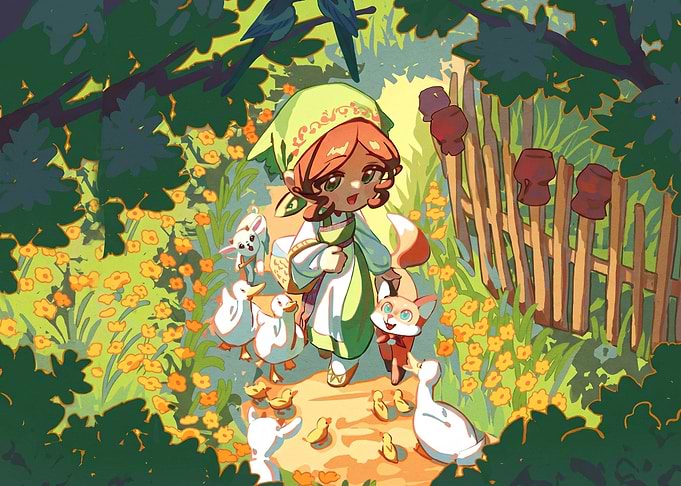 Girl Walking with Animals in Garden