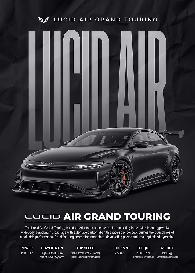 black sleek Lucid Air Grand Touring Track Concept car poster
