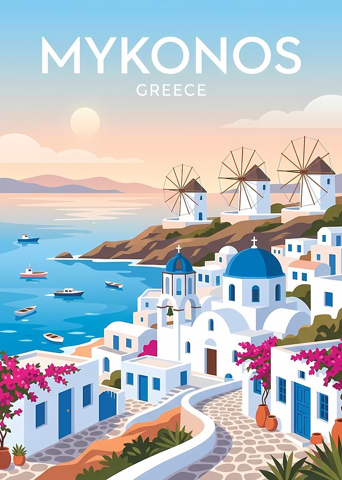 Mykonos Greece Travel Poster