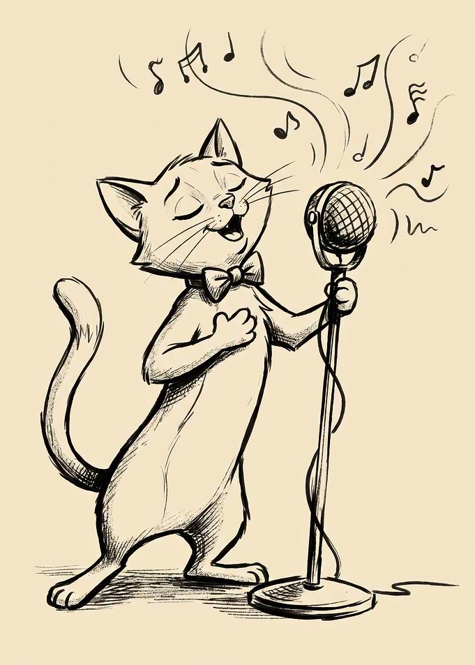 Singing Cat Bow Tie Microphone Sketch Music Lover Gift