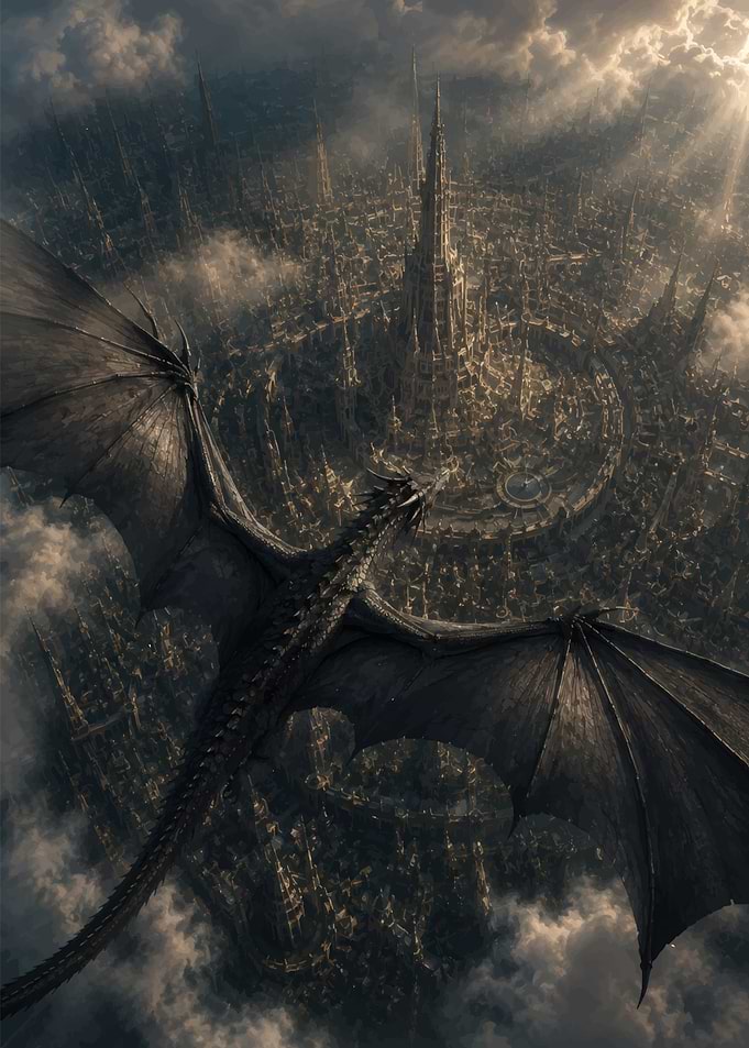 Dragon Flying Over Ancient Fantasy City