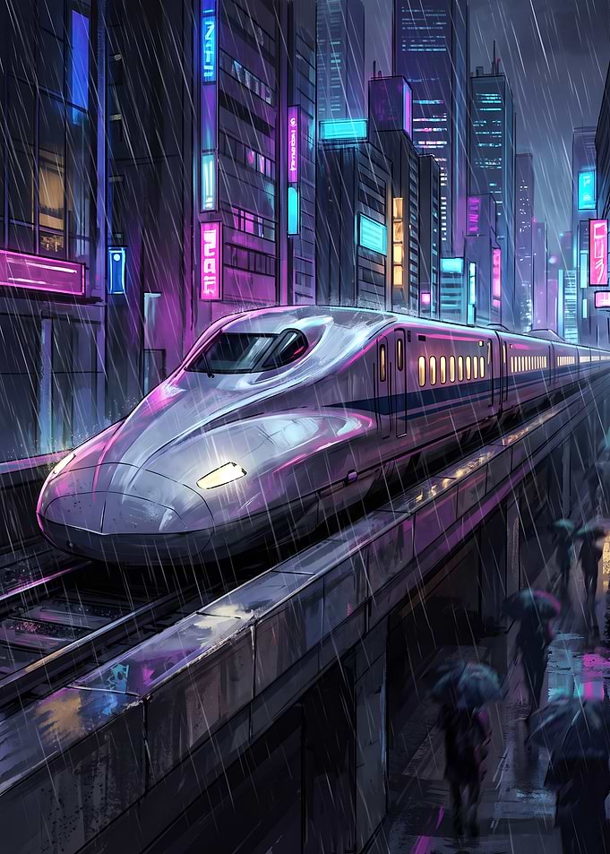 Japanese Bullet Train in Rainy Neon City