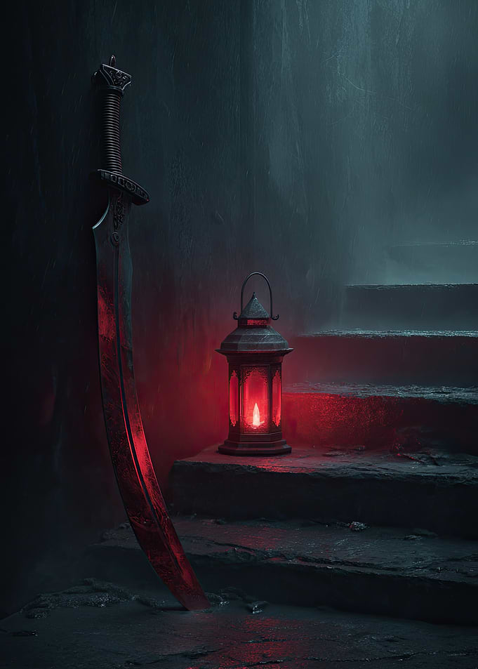 Sword and Lantern in Dark Stairwell