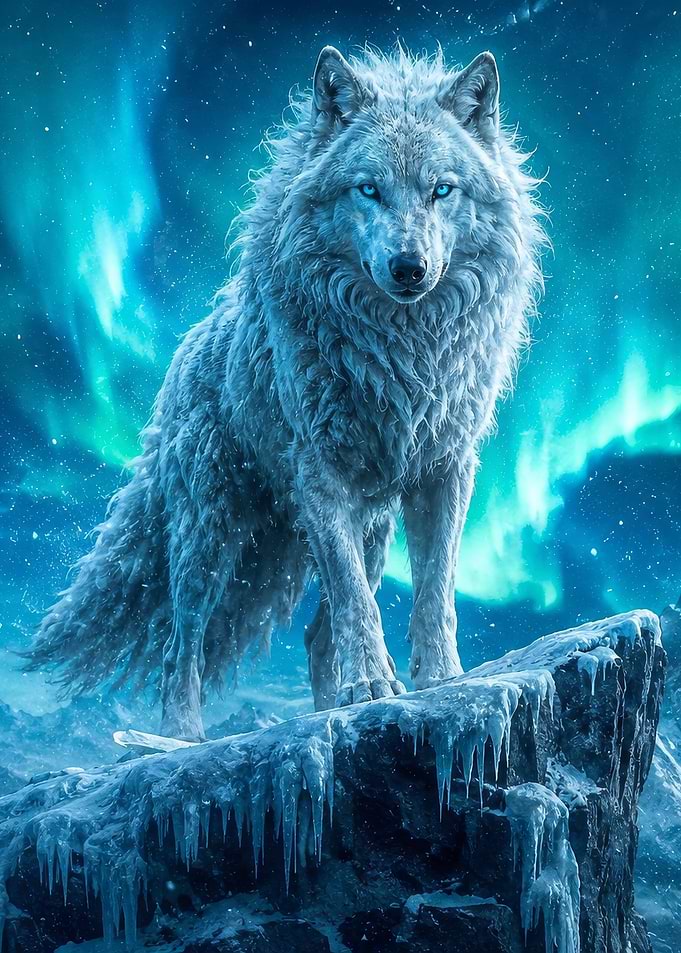 Majestic White Wolf Under Aurora Borealis