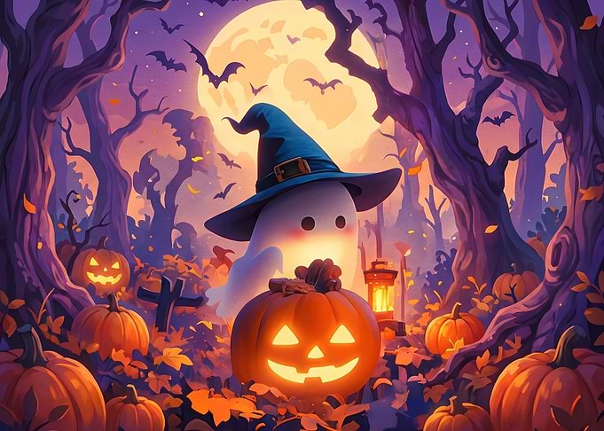 Cute Ghost with Jack-o'-lanterns