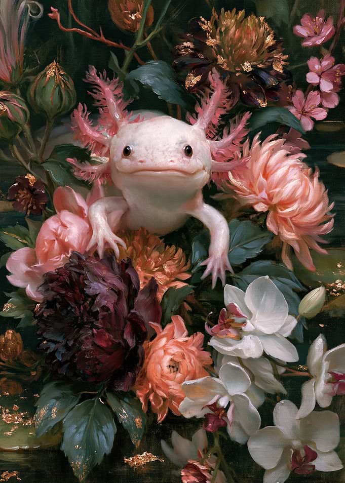 Axolotl Amidst Lush Floral Still Life