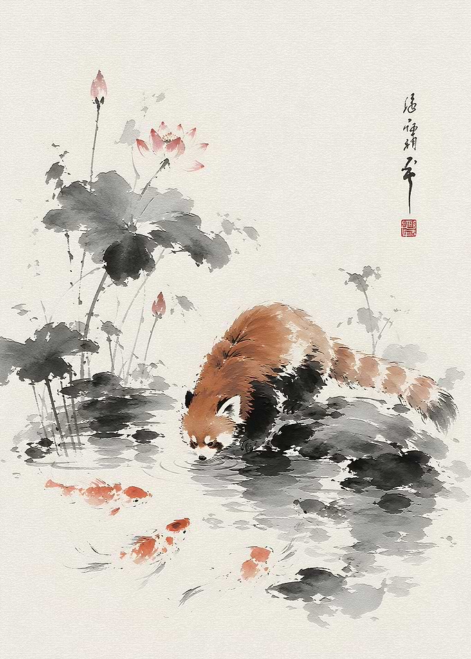 Red Panda Drinking by Lotus Pond