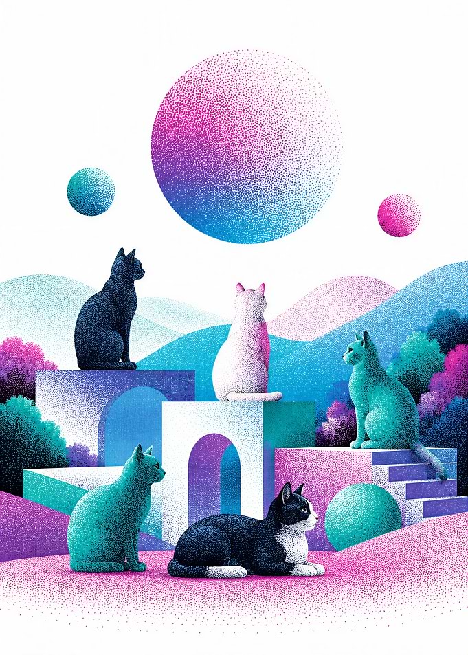 Surreal Cats in Stippled Landscape