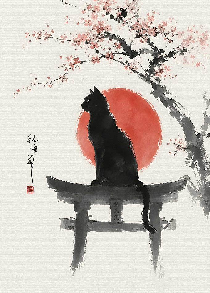 Black Cat on Torii Gate