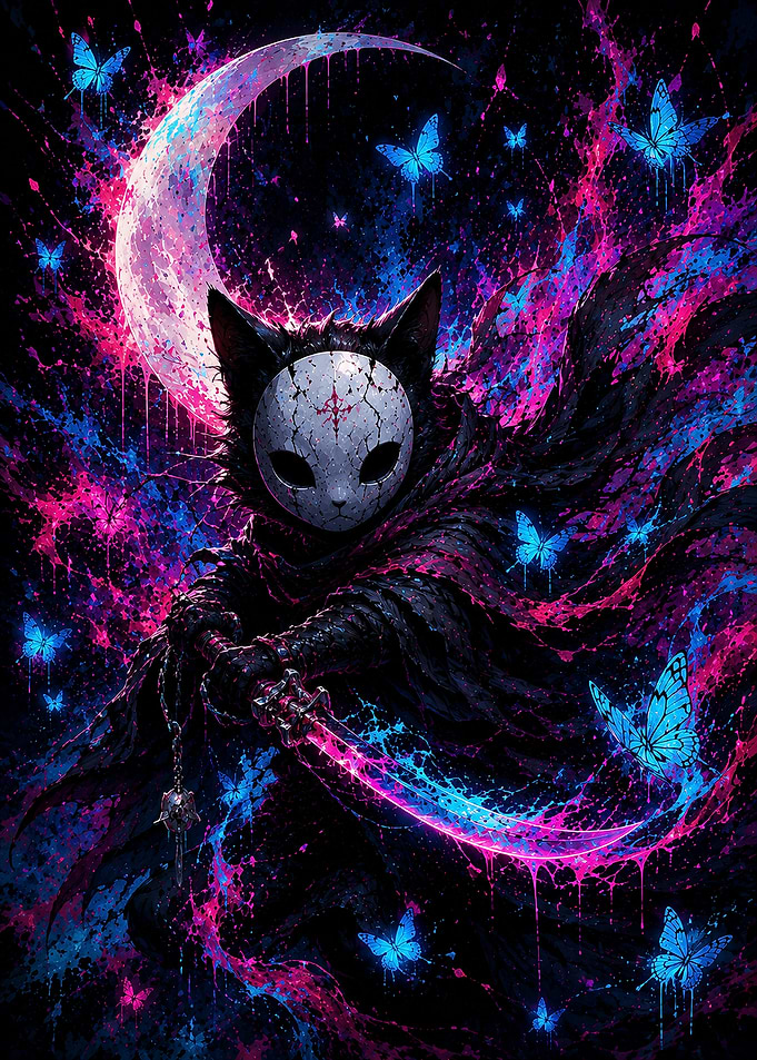 Masked Cat Warrior with Glowing Blade