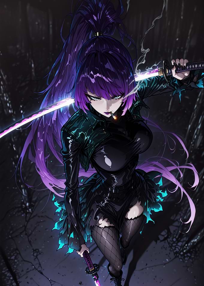 Anime Girl with Glowing Purple Katana