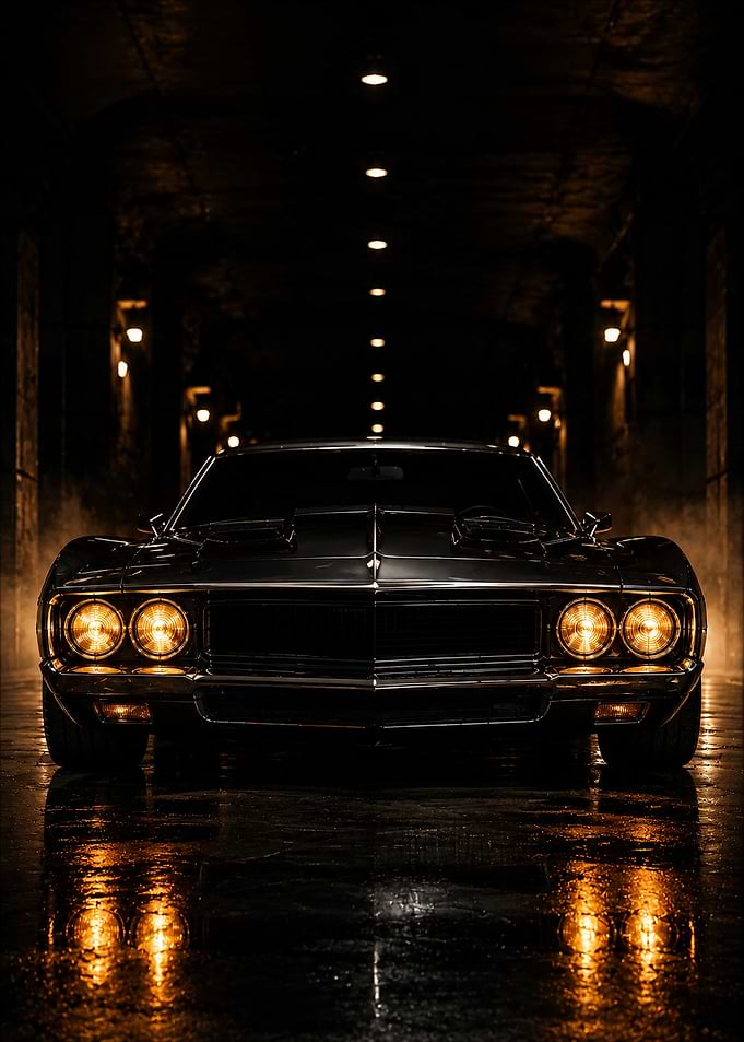 Black Muscle Car in Dark Tunnel