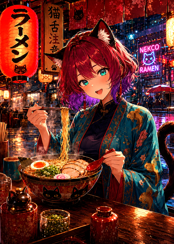 Anime Cat Girl Eating Ramen