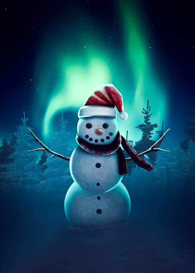 Snowman Under Northern Lights