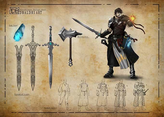 Dawnbringer Character Design Concept Sheet (No AI)