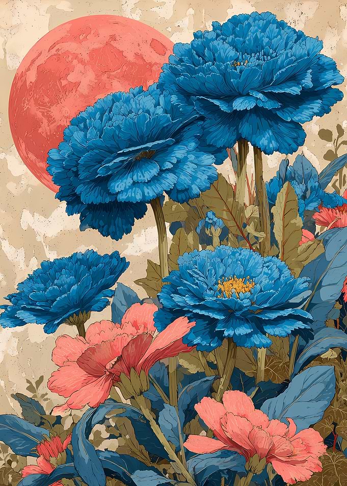 Blue Peonies and Red Moon Illustration