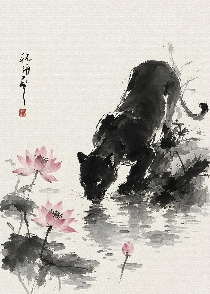 Black Panther Drinking by Lotus Flowers