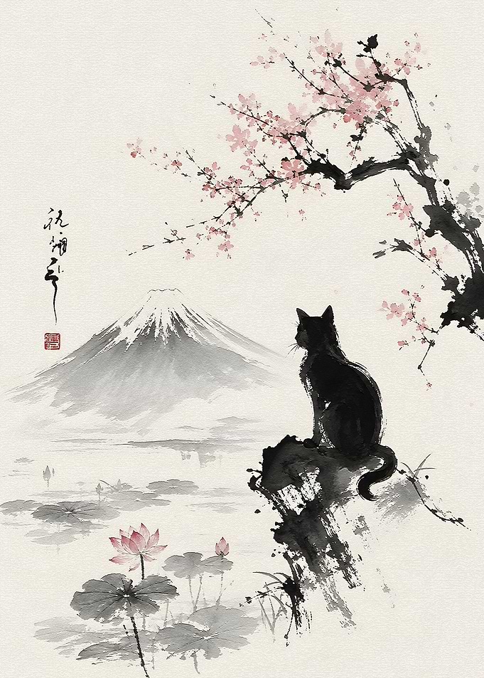 Black Cat Watching Mount Fuji