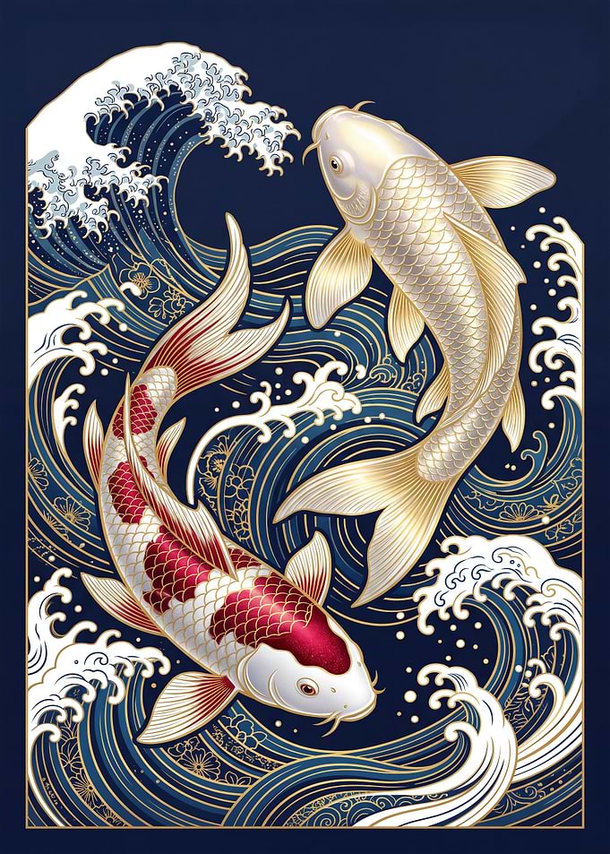 Two Koi Fish in Traditional Waves