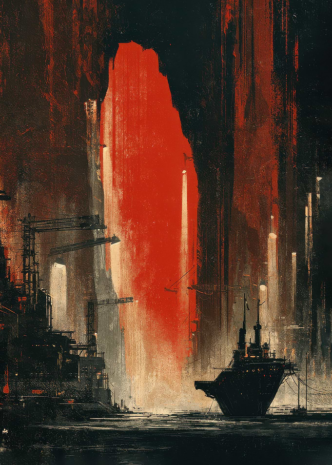 Industrial Harbor in Crimson Light