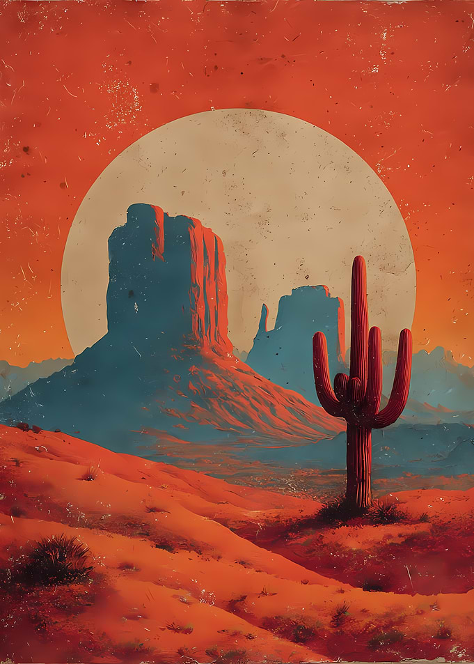 Vintage Desert Landscape with Saguaro Cactus