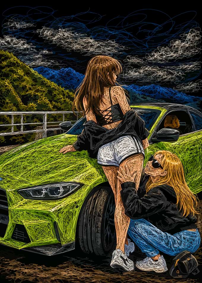 Two Women with Lime Green Car