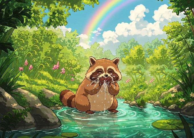 Cute Raccoon Drinking from Forest Stream