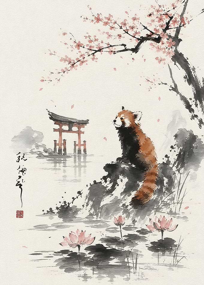 Red Panda by Japanese Torii Gate