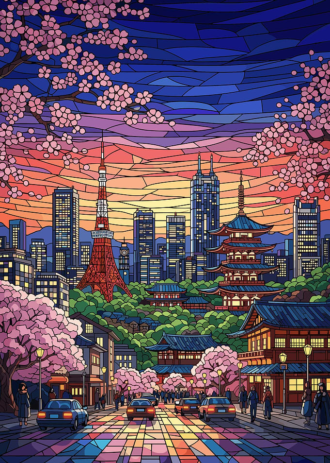 Stained Glass Tokyo Cityscape at Sunset