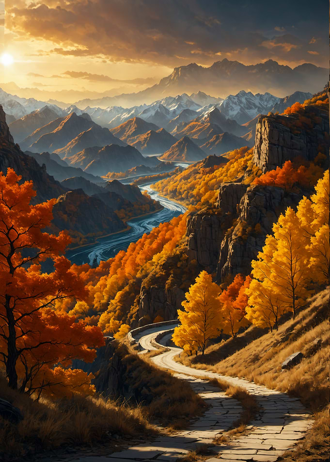 Winding Fantasy Mountain Road in Autumn