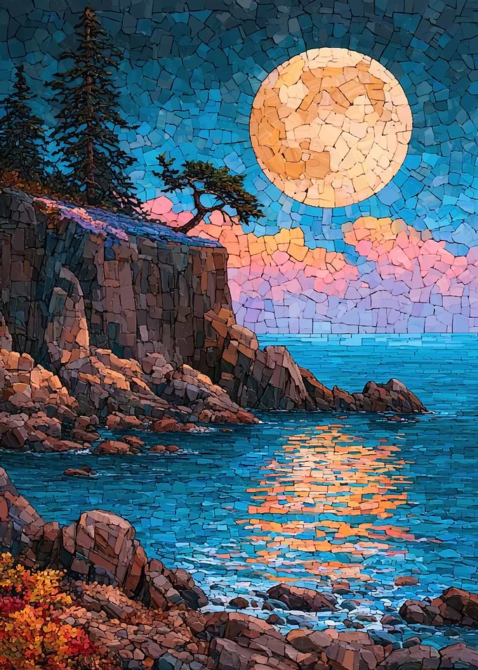 Mosaic Coastal Landscape with Full Moon