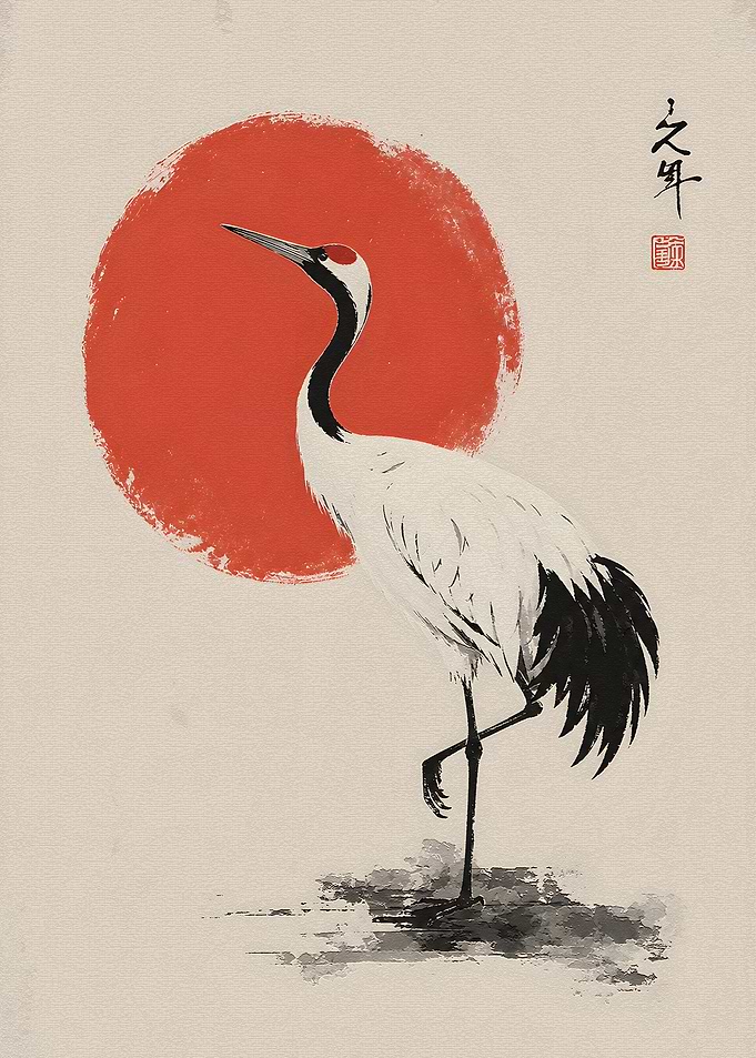 Japanese Red-Crowned Crane Ink Painting