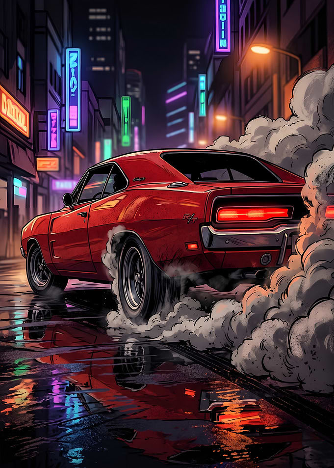 Red Muscle Car Burnout in Neon City