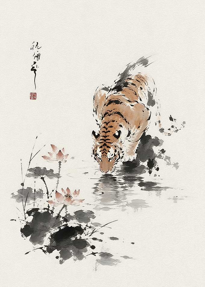 Tiger Drinking by Lotus Flowers