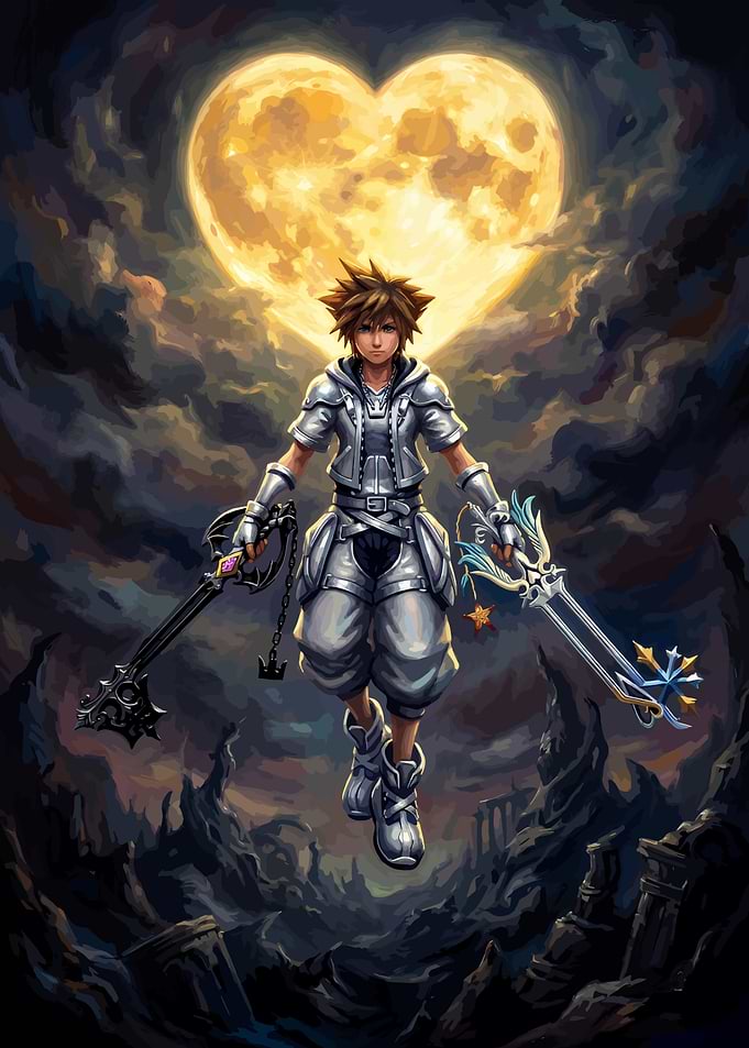 Sora with Keyblades and Heart Moon