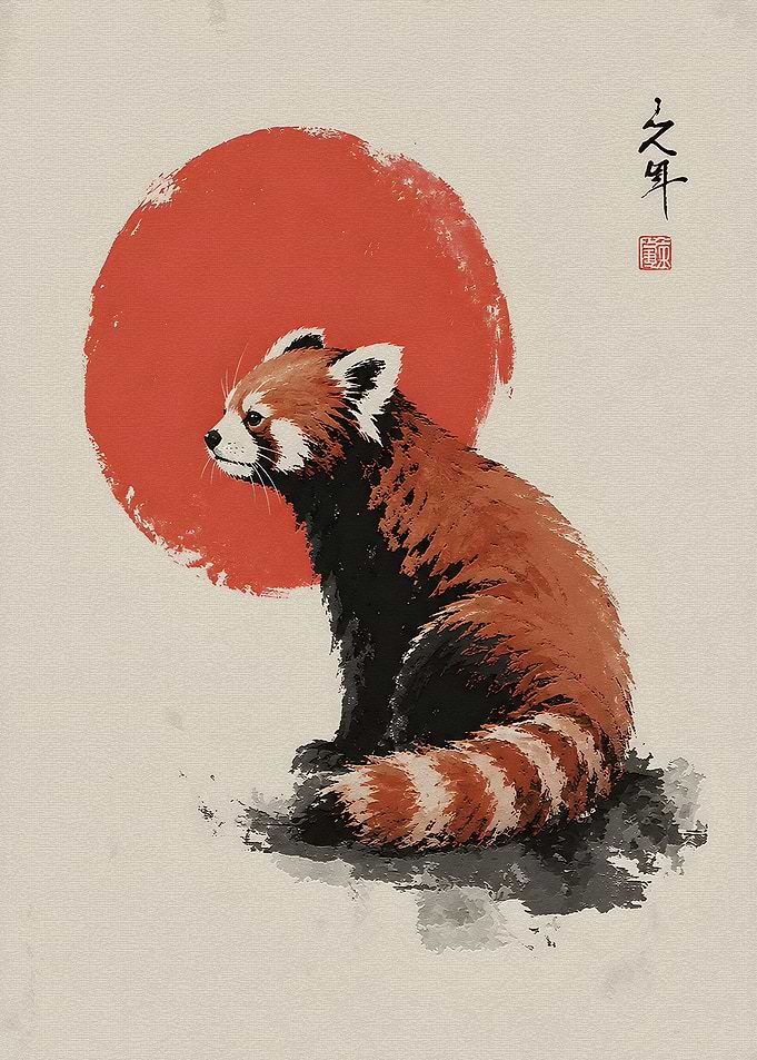 Red Panda Japanese Ink Wash Painting