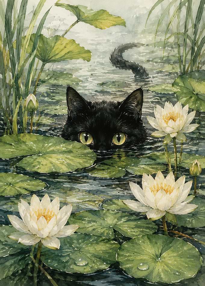Black Cat in Water Lily Pond