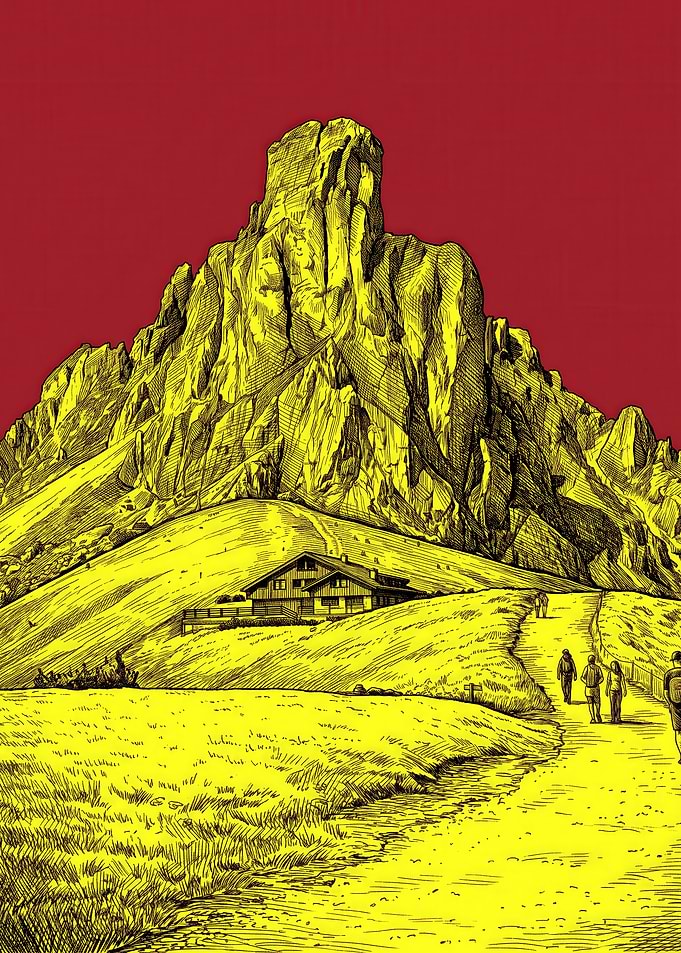 Stylized Mountain Landscape with Hikers