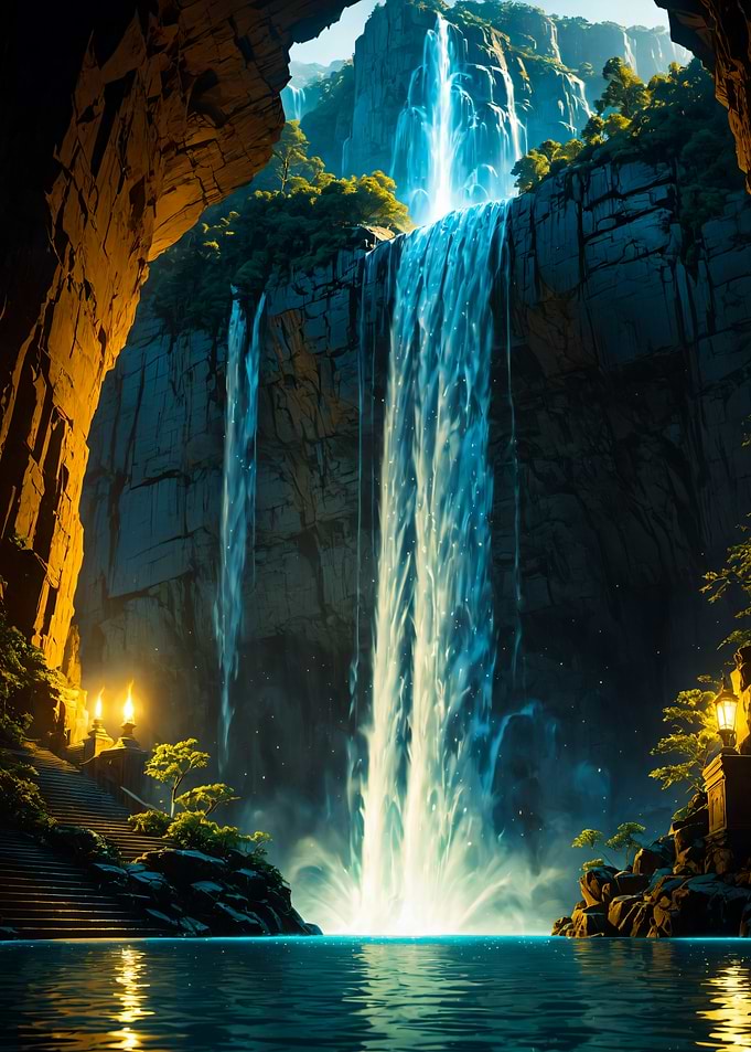 Majestic Waterfall in Hidden Cave